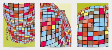 Kare piksel mozaik şekli bozulmuş. Düz retro renklerin üzerine siyah tel çerçeve. Soyut hava balonu vektör arkaplanı.