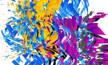 Parlak renkli küçük parçacık patlaması içeren soyut iniş sayfası şablonu. Spor müziği sosyal medya düzeni. Dış uzay hareketli optik sanat dinamik arka planı. Gelecekçi vektör.