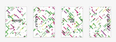 Beyaz zemin üzerinde küçük parlak kağıt parçaları olan soyut el ilanı şablonları. Bozuk gradyan çizgileri olan dinamik modern tasarım. Basit renkli fütürist elementler.