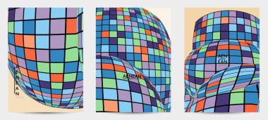 Kare piksel mozaik şekli bozulmuş. Düz retro renklerin üzerine siyah tel çerçeve. Soyut hava balonu vektör arkaplanı.