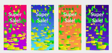 Soyut öyküler, arka planda küçük parlak kağıt parçaları olan şablonlar. Bozuk gradyan çizgileri olan dinamik modern tasarım. Basit renkli fütürist elementler.