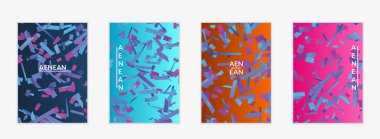 Değişken arkaplan üzerinde küçük parlak kağıt parçaları olan soyut el ilanı şablonları. Bozuk gradyan çizgileri olan dinamik modern tasarım. Basit renkli fütürist elementler.