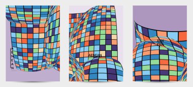 Kare piksel mozaik şekli bozulmuş. Düz retro renklerin üzerine siyah tel çerçeve. Soyut hava balonu vektör arkaplanı.