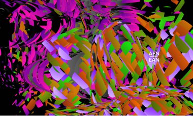 Parlak renkli küçük parçacık patlaması içeren soyut iniş sayfası şablonu. Spor müziği sosyal medya düzeni. Dış uzay hareketli optik sanat dinamik arka planı. Gelecekçi vektör.