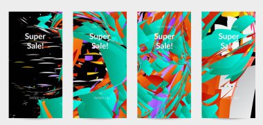 Parlak renkli küçük parçacık patlaması ile soyut sosyal medya şablonu. Spor müziği sosyal medya düzeni. Dış uzay hareketli optik sanat dinamik arka planı. Gelecekçi vektör.