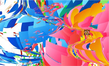 Parlak renkli küçük parçacık patlaması içeren soyut iniş sayfası şablonu. Spor müziği sosyal medya düzeni. Dış uzay hareketli optik sanat dinamik arka planı. Gelecekçi vektör.