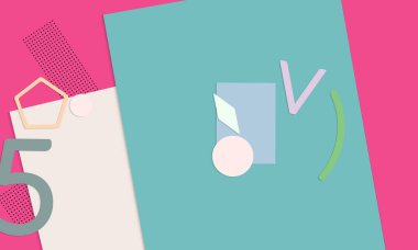 Soyut kağıt kesimi üst görünüm. Kağıt kesikli arka plan şablonu geometrik şekiller düz ve 3D gerçekçi gölge ile yatıyordu. Pastel renkler. Vektör sancak kağıt biçimi.