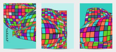 Kare piksel mozaik şekli bozulmuş. Düz retro renklerin üzerine siyah tel çerçeve. Soyut hava balonu vektör arkaplanı.