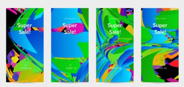 Parlak renkli küçük parçacık patlaması ile soyut sosyal medya şablonu. Spor müziği sosyal medya düzeni. Dış uzay hareketli optik sanat dinamik arka planı. Gelecekçi vektör.