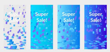 Soyut öyküler, arka planda küçük parlak kağıt parçaları olan şablonlar. Bozuk gradyan çizgileri olan dinamik modern tasarım. Basit renkli fütürist elementler.