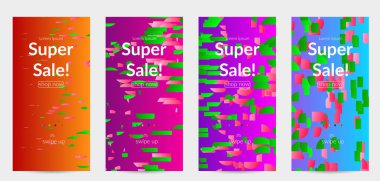 Soyut öyküler, arka planda küçük parlak kağıt parçaları olan şablonlar. Bozuk gradyan çizgileri olan dinamik modern tasarım. Basit renkli fütürist elementler.