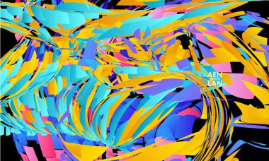 Parlak renkli küçük parçacık patlaması içeren soyut iniş sayfası şablonu. Spor müziği sosyal medya düzeni. Dış uzay hareketli optik sanat dinamik arka planı. Gelecekçi vektör.