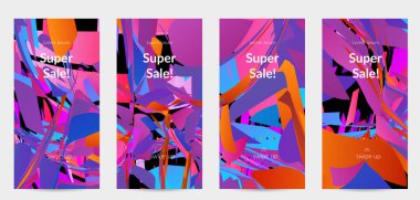 Parlak renkli küçük parçacık patlaması ile soyut sosyal medya şablonu. Spor müziği sosyal medya düzeni. Dış uzay hareketli optik sanat dinamik arka planı. Gelecekçi vektör.