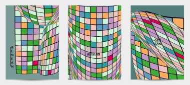 Kare piksel mozaik şekli bozulmuş. Düz retro renklerin üzerine siyah tel çerçeve. Soyut hava balonu vektör arkaplanı.