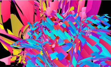 Parlak renkli küçük parçacık patlaması içeren soyut iniş sayfası şablonu. Spor müziği sosyal medya düzeni. Dış uzay hareketli optik sanat dinamik arka planı. Gelecekçi vektör.