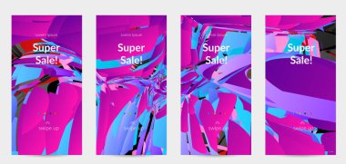 Parlak renkli küçük parçacık patlaması ile soyut sosyal medya şablonu. Spor müziği sosyal medya düzeni. Dış uzay hareketli optik sanat dinamik arka planı. Gelecekçi vektör.