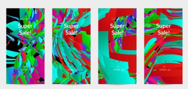 Parlak renkli küçük parçacık patlaması ile soyut sosyal medya şablonu. Spor müziği sosyal medya düzeni. Dış uzay hareketli optik sanat dinamik arka planı. Gelecekçi vektör.