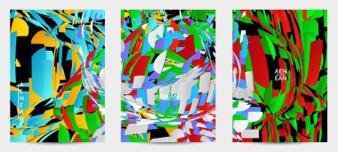 Parlak renkli küçük parçacık patlaması olan soyut uçucu şablonu. Spor müziği sosyal medya düzeni. Dış uzay hareketli optik sanat dinamik arka planı. Gelecekçi vektör.