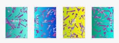 Değişken arkaplan üzerinde küçük parlak kağıt parçaları olan soyut el ilanı şablonları. Bozuk gradyan çizgileri olan dinamik modern tasarım. Basit renkli fütürist elementler.