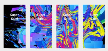 Parlak renkli küçük parçacık patlaması ile soyut sosyal medya şablonu. Spor müziği sosyal medya düzeni. Dış uzay hareketli optik sanat dinamik arka planı. Gelecekçi vektör.