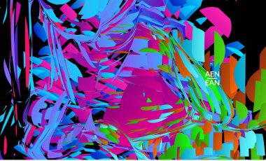 Parlak renkli küçük parçacık patlaması içeren soyut iniş sayfası şablonu. Spor müziği sosyal medya düzeni. Dış uzay hareketli optik sanat dinamik arka planı. Gelecekçi vektör.