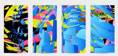 Parlak renkli küçük parçacık patlaması ile soyut sosyal medya şablonu. Spor müziği sosyal medya düzeni. Dış uzay hareketli optik sanat dinamik arka planı. Gelecekçi vektör.