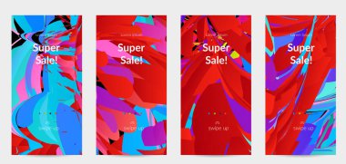 Parlak renkli küçük parçacık patlaması ile soyut sosyal medya şablonu. Spor müziği sosyal medya düzeni. Dış uzay hareketli optik sanat dinamik arka planı. Gelecekçi vektör.