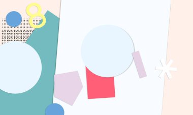 Soyut eğitim geçmişi var. Kağıt kesikli geometrik şekilli öğretmen masasının üst görüntüsü, kağıt kağıtlar. İlkokul sanat ve zanaat dersi. Pastel renkler. Düz konum vektör kağıt biçimi.