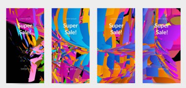 Parlak renkli küçük parçacık patlaması ile soyut sosyal medya şablonu. Spor müziği sosyal medya düzeni. Dış uzay hareketli optik sanat dinamik arka planı. Gelecekçi vektör.