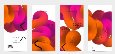 Beyaz ve basit siyah geometrik şekiller üzerinde 3D sıvı şekilli parlak renkli reklam şablonları. Akışkan renk pankartları ayarlandı. Yaratıcı 3B karışım, dinamik bileşimi şekillendirir.