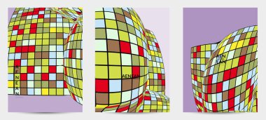 Kare piksel mozaik şekli bozulmuş. Düz retro renklerin üzerine siyah tel çerçeve. Soyut hava balonu vektör arkaplanı.