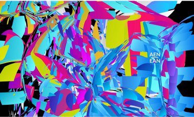 Parlak renkli küçük parçacık patlaması içeren soyut iniş sayfası şablonu. Spor müziği sosyal medya düzeni. Dış uzay hareketli optik sanat dinamik arka planı. Gelecekçi vektör.