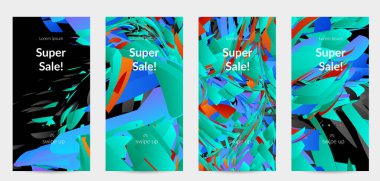 Parlak renkli küçük parçacık patlaması ile soyut sosyal medya şablonu. Spor müziği sosyal medya düzeni. Dış uzay hareketli optik sanat dinamik arka planı. Gelecekçi vektör.