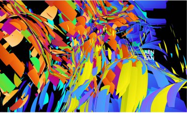 Parlak renkli küçük parçacık patlaması içeren soyut iniş sayfası şablonu. Spor müziği sosyal medya düzeni. Dış uzay hareketli optik sanat dinamik arka planı. Gelecekçi vektör.