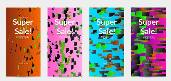 Soyut öyküler, arka planda küçük parlak kağıt parçaları olan şablonlar. Bozuk gradyan çizgileri olan dinamik modern tasarım. Basit renkli fütürist elementler.