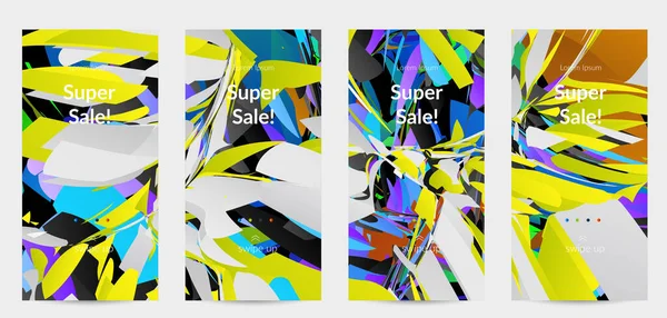 Parlak renkli küçük parçacık patlaması ile soyut sosyal medya şablonu. Spor müziği sosyal medya düzeni. Dış uzay hareketli optik sanat dinamik arka planı. Gelecekçi vektör.