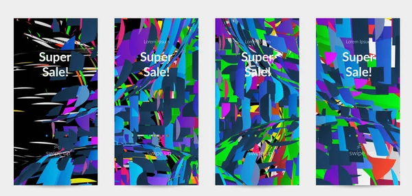 Parlak renkli küçük parçacık patlaması ile soyut sosyal medya şablonu. Spor müziği sosyal medya düzeni. Dış uzay hareketli optik sanat dinamik arka planı. Gelecekçi vektör.