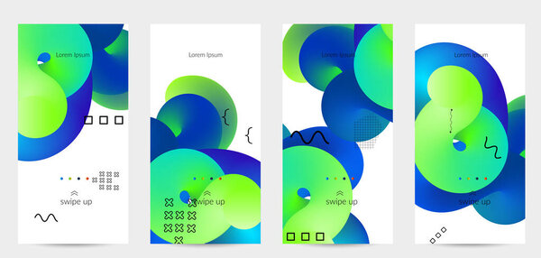 Яркие цветные рекламные шаблоны с 3D жидкой формой на белых и простых черных геометрических фигурах. Набор плакатов жидкого цвета. Творческая 3D смесь формирует динамическую композицию.