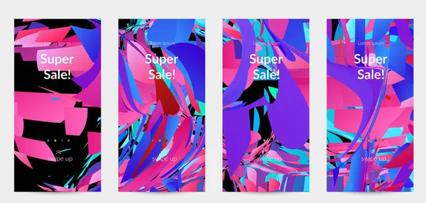 Parlak renkli küçük parçacık patlaması ile soyut sosyal medya şablonu. Spor müziği sosyal medya düzeni. Dış uzay hareketli optik sanat dinamik arka planı. Gelecekçi vektör.