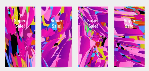 Parlak renkli küçük parçacık patlaması ile soyut sosyal medya şablonu. Spor müziği sosyal medya düzeni. Dış uzay hareketli optik sanat dinamik arka planı. Gelecekçi vektör.