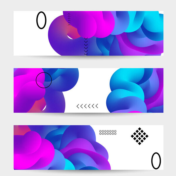 Яркие цветные шаблоны баннеров распродажи с 3D жидкой формой на белых и простых черных геометрических фигурах. Набор плакатов жидкого цвета. Творческая 3D смесь формирует динамическую композицию.