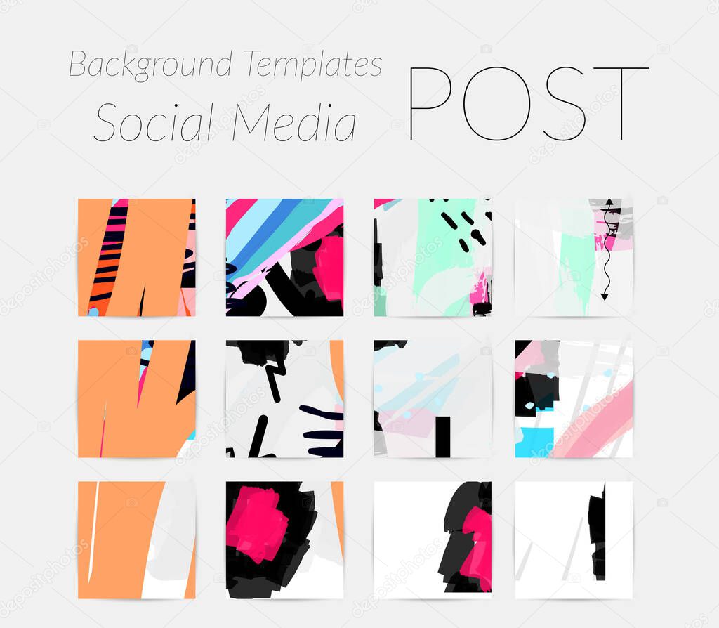 Creative backgrounds for social media. Editable story templates. Bright colored with hand drawn scribbles promotional backgrounds for social media apps.