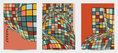 Kare piksel mozaik şekli bozulmuş. Düz retro renklerin üzerine siyah tel çerçeve. Soyut hava balonu vektör arkaplanı.