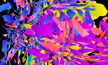 Parlak renkli küçük parçacık patlaması içeren soyut iniş sayfası şablonu. Spor müziği sosyal medya düzeni. Dış uzay hareketli optik sanat dinamik arka planı. Gelecekçi vektör.