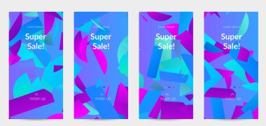 Parlak renkli rastgele çizgileri olan soyut öyküler. Dağılmış geometrik şekilli dinamik modern tasarım. Basit renkli fütürist elementler. Spor müziği sosyal medya düzeni.