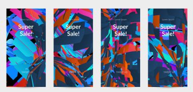 Parlak renkli küçük parçacık patlaması ile soyut sosyal medya şablonu. Spor müziği sosyal medya düzeni. Dış uzay hareketli optik sanat dinamik arka planı. Gelecekçi vektör.