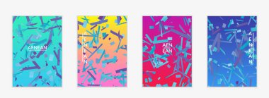 Değişken arkaplan üzerinde küçük parlak kağıt parçaları olan soyut el ilanı şablonları. Bozuk gradyan çizgileri olan dinamik modern tasarım. Basit renkli fütürist elementler.