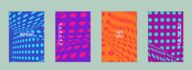 Görsel bozulma etkisiyle soyut yarım ton uçucu şablonu. Optik sanat geçmişi. Çarpık üç boyutlu uzay. Düz arkaplan üzerinde daireleri olan gelecekçi vektör illüstrasyonu