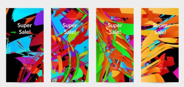 Parlak renkli küçük parçacık patlaması ile soyut sosyal medya şablonu. Spor müziği sosyal medya düzeni. Dış uzay hareketli optik sanat dinamik arka planı. Gelecekçi vektör.