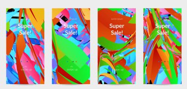 Parlak renkli küçük parçacık patlaması ile soyut sosyal medya şablonu. Spor müziği sosyal medya düzeni. Dış uzay hareketli optik sanat dinamik arka planı. Gelecekçi vektör.